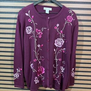 dressbarn Plum Floral Embroidered Button-Front Sweater